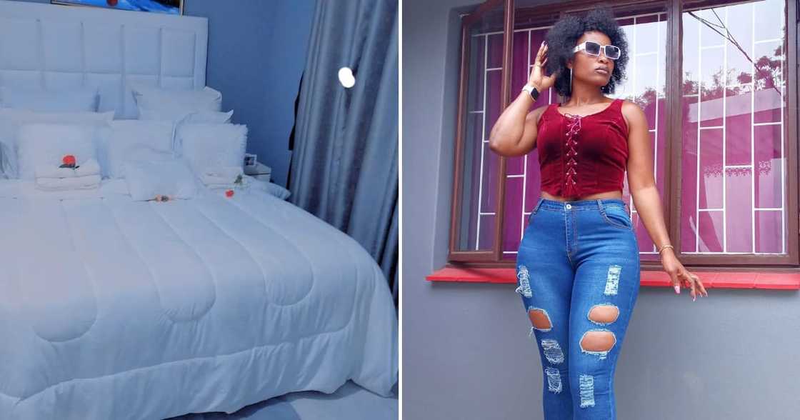 Young lady proudly posted her white, neat bedroom