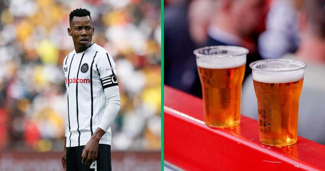 former Orlando Pirates captain Happy Jele and two glasses of beer at a football game former Orlando Pirates captain Happy Jele and two glasses of beer at a football game