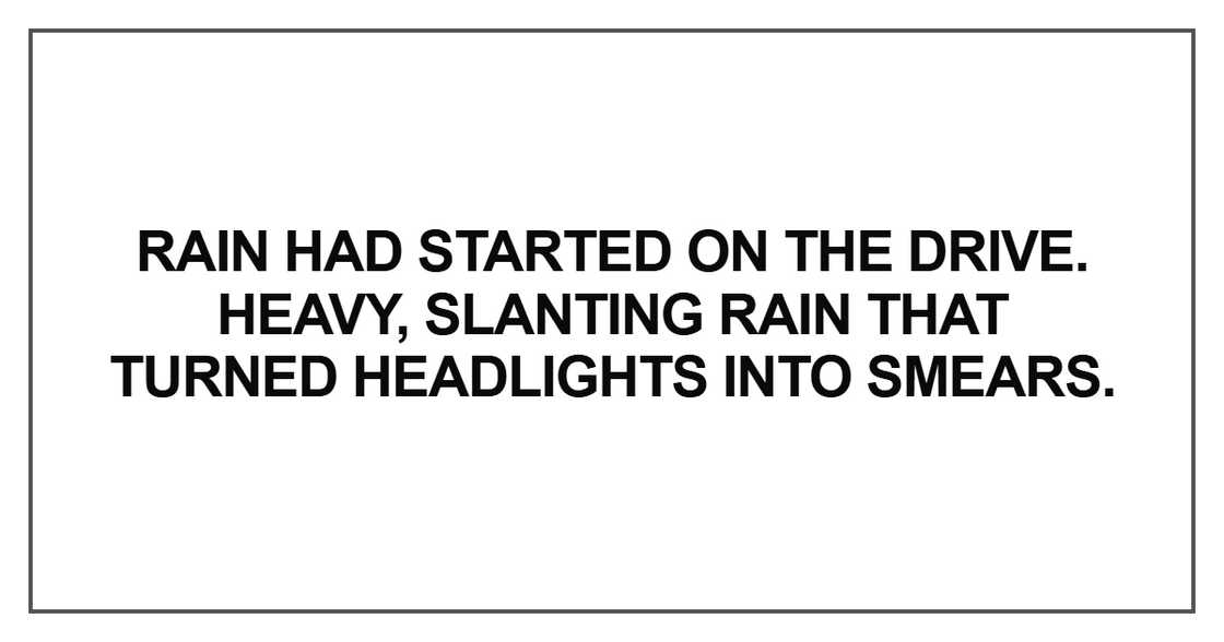 Rain had started on the drive. Heavy, slanting rain that turned headlights into smears.