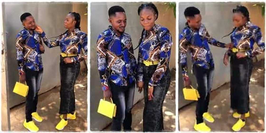 Valentine frenzy: Couple steps out in funny yellow and blue attire, attracting attention Valentine frenzy: Couple steps out in funny yellow and blue attire, attracting attention