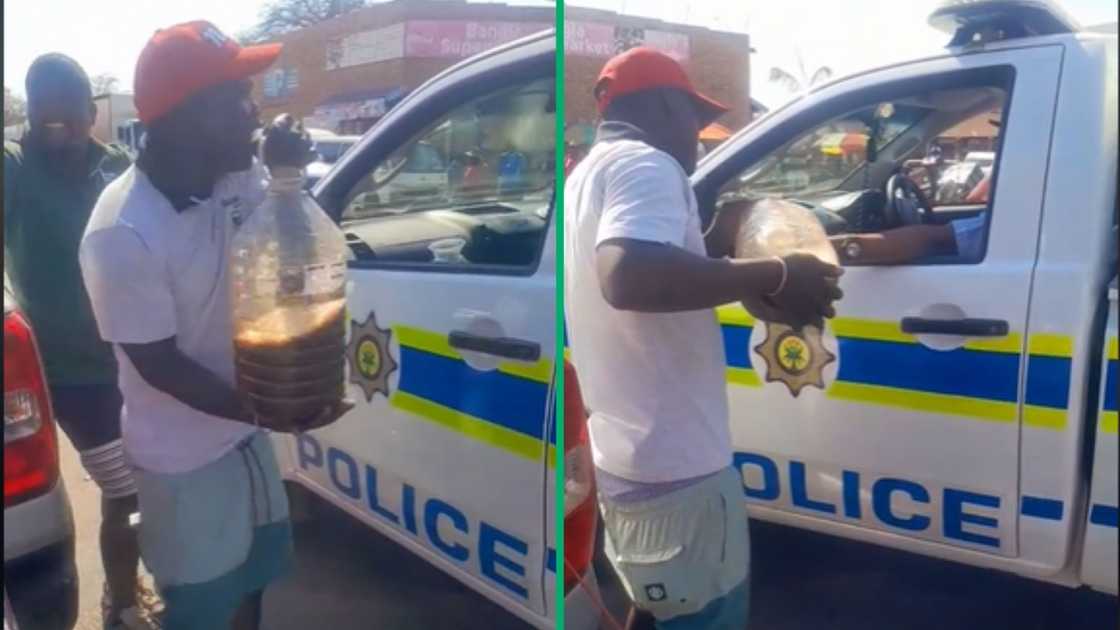 A vendor in Limpopo pours a drink for police in a viral video which has landed the officers in trouble.