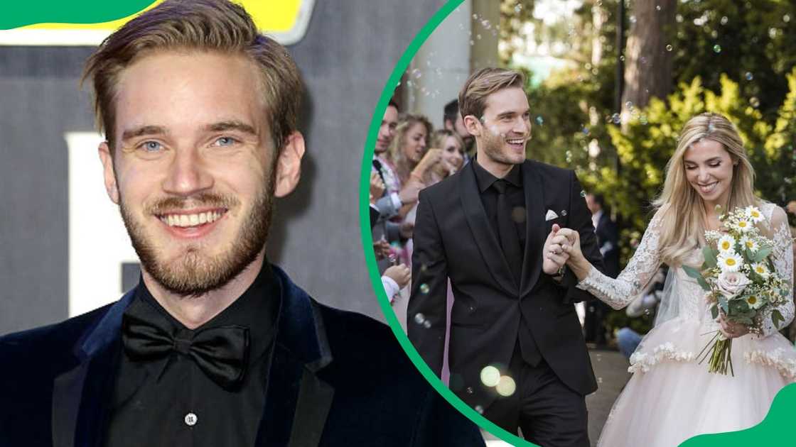 PewDiePie at Leicester Square in 2015 (L). The internet personality during his 2019 wedding with Marzia (R) PewDiePie at Leicester Square in 2015 (L). The internet personality during his 2019 wedding with Marzia (R)