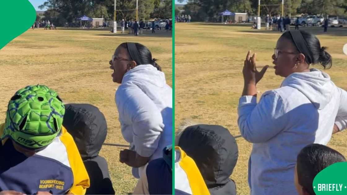 An excited mother at a rugby game.