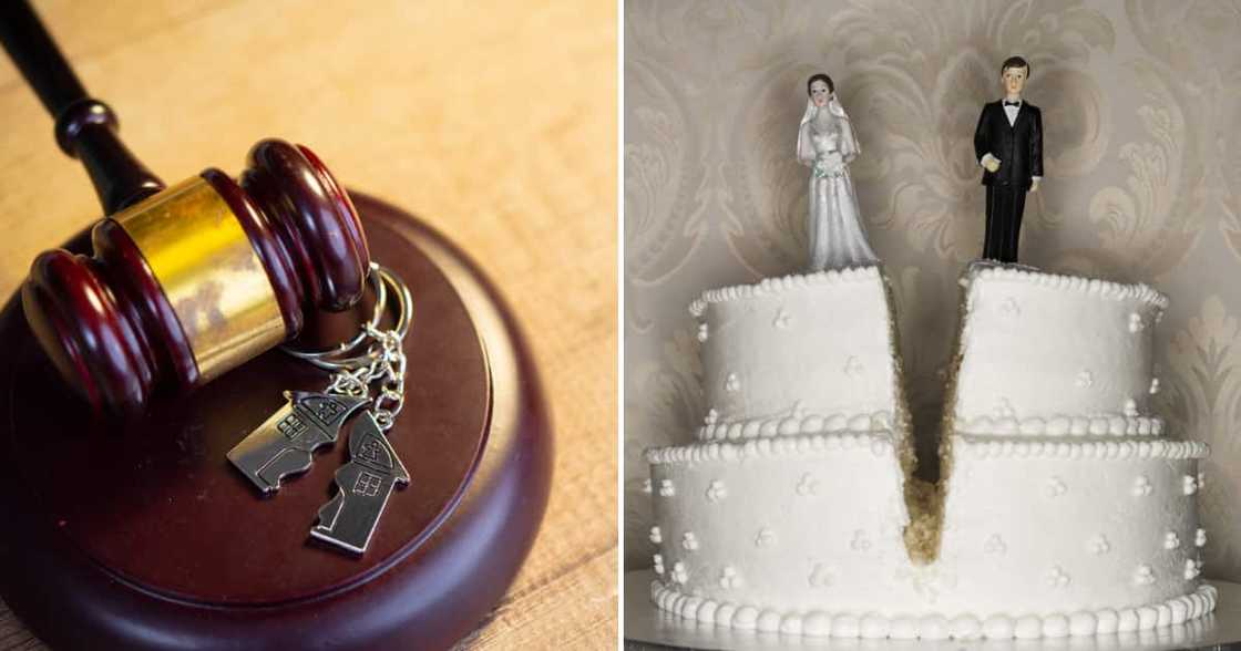 Wedding rings on the figure of a broken heart from a tree, hammer of a judge on a wooden background. Divorce proceedings