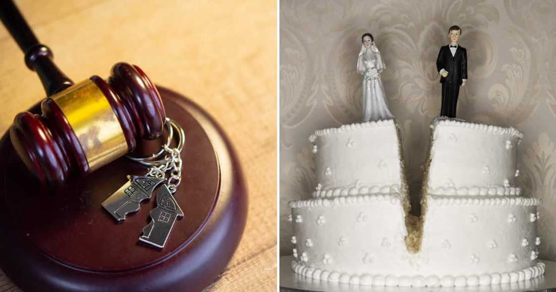 Wedding rings on the figure of a broken heart from a tree, hammer of a judge on a wooden background. Divorce proceedings Wedding rings on the figure of a broken heart from a tree, hammer of a judge on a wooden background. Divorce proceedings
