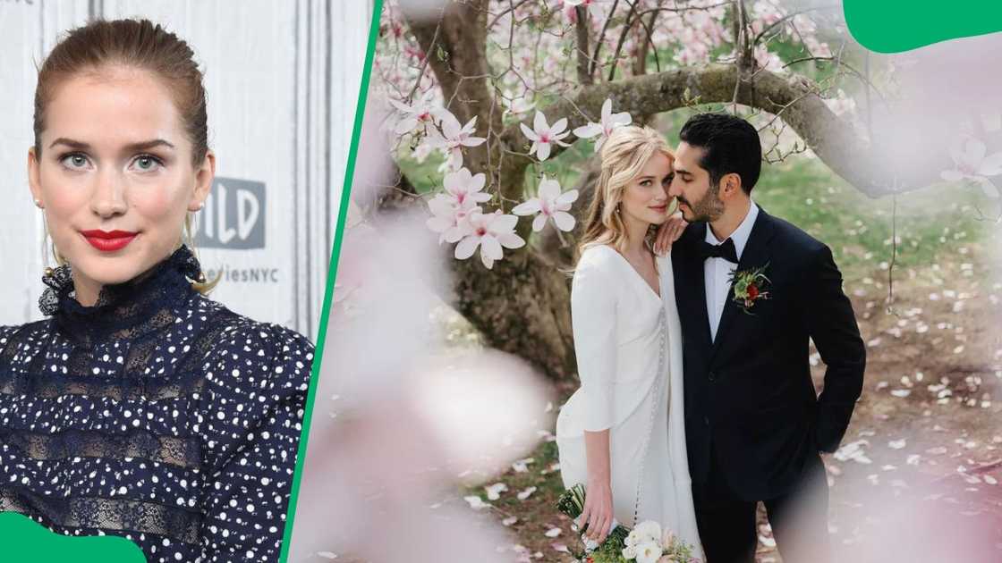 Elizabeth Lail at Build Studio in 2019 (L). The actress and her husband, Nieku Manshadi, at their 2021 wedding (R)