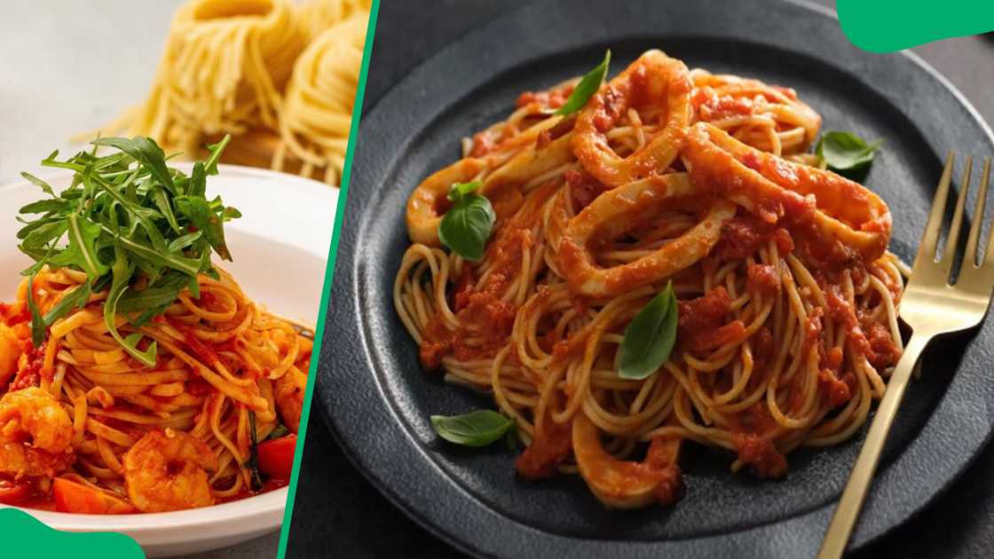 Linguine a la gamberi e rucola (L). Linguine calamari e gamberi (R) Linguine a la gamberi e rucola (L). Linguine calamari e gamberi (R)