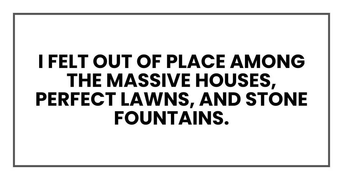 I felt out of place among the massive houses, perfect lawns, and stone fountains. I felt out of place among the massive houses, perfect lawns, and stone fountains.