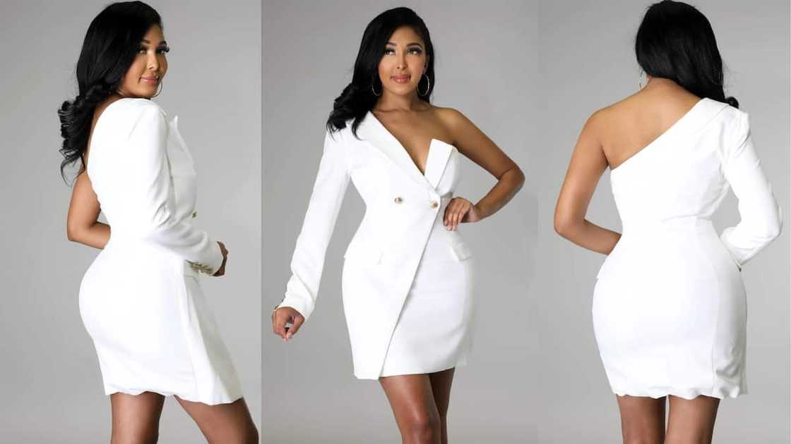 Buttoned one-shoulder gown with a V-neckline and faux pockets Buttoned one-shoulder gown with a V-neckline and faux pockets