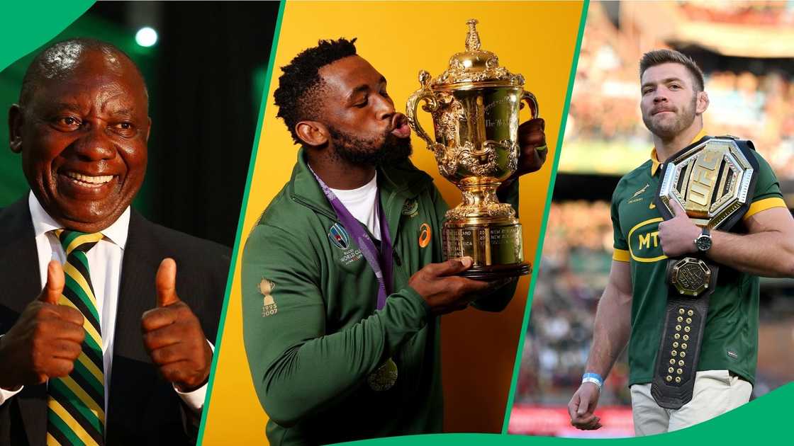 President Cyril Ramaphosa, Springboks captain Siya Kolisi and UFC Middleweight champion Dricus du Plessis. President Cyril Ramaphosa, Springboks captain Siya Kolisi and UFC Middleweight champion Dricus du Plessis.