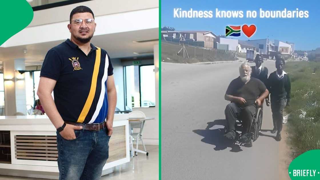 A man showed schoolboys helping a man in a wheelchair. A man showed schoolboys helping a man in a wheelchair.