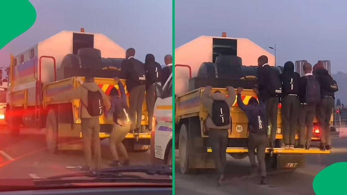 A TikTok video shows schoolboys jumping on a moving truck.