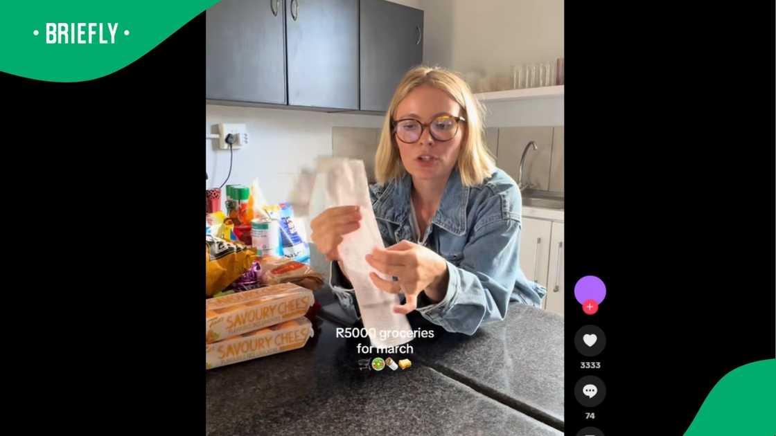 A woman showing her grocery haul.