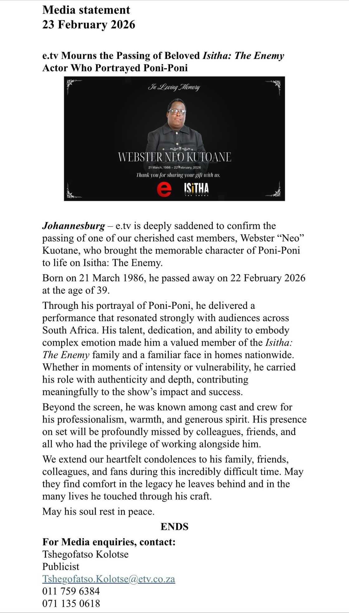 Webster Kutoane passed away on 22 February 2026 Webster Kutoane passed away on 22 February 2026