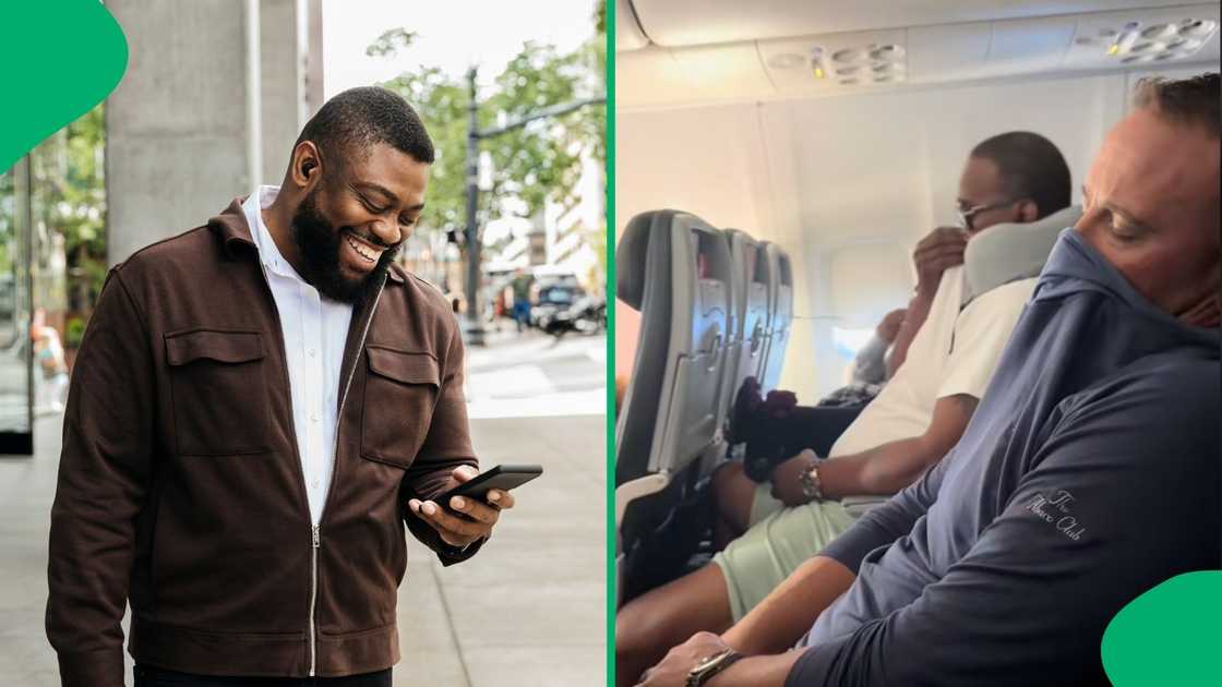 Photos of a man laughing and plane passengers