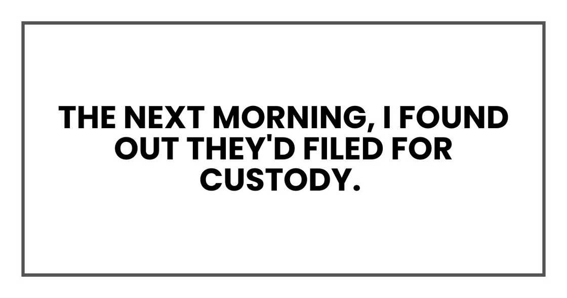 The next morning, I found out they'd filed for custody. The next morning, I found out they'd filed for custody.