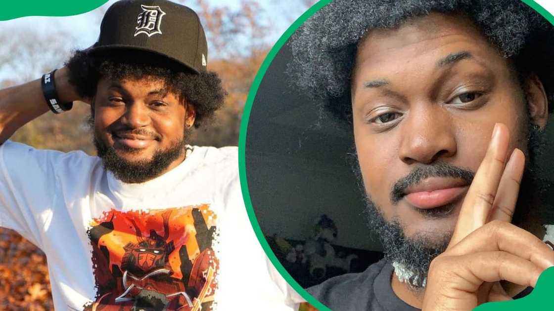 CoryxKenshin smiling for the camera (L). The internet personality showing off his afro hairdo (R)