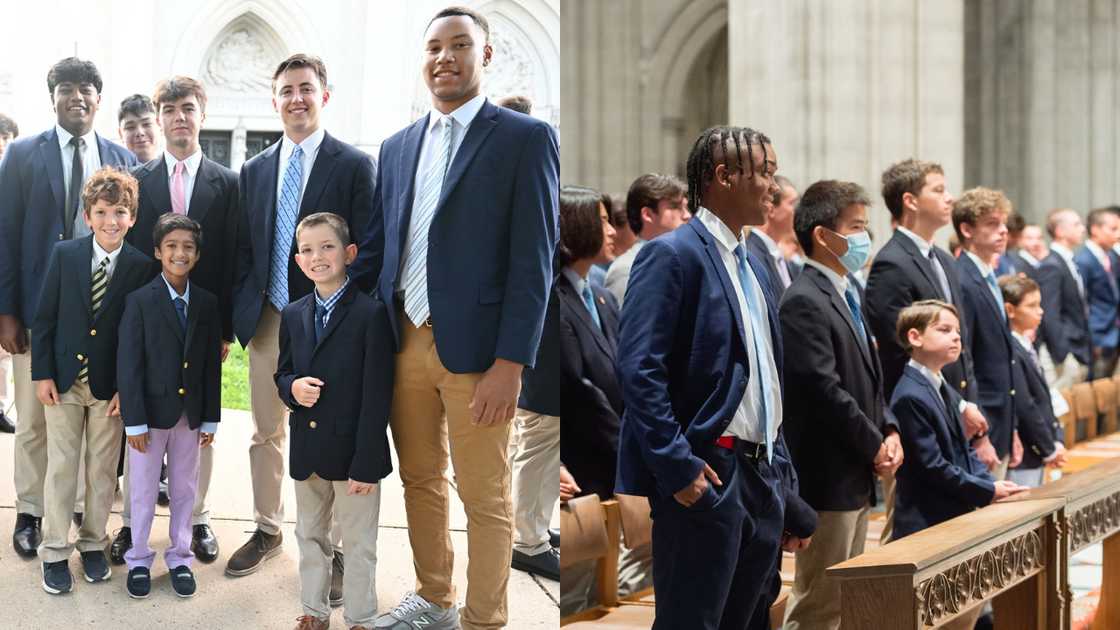 Students from St. Albans School standing in front of a building and during a church service