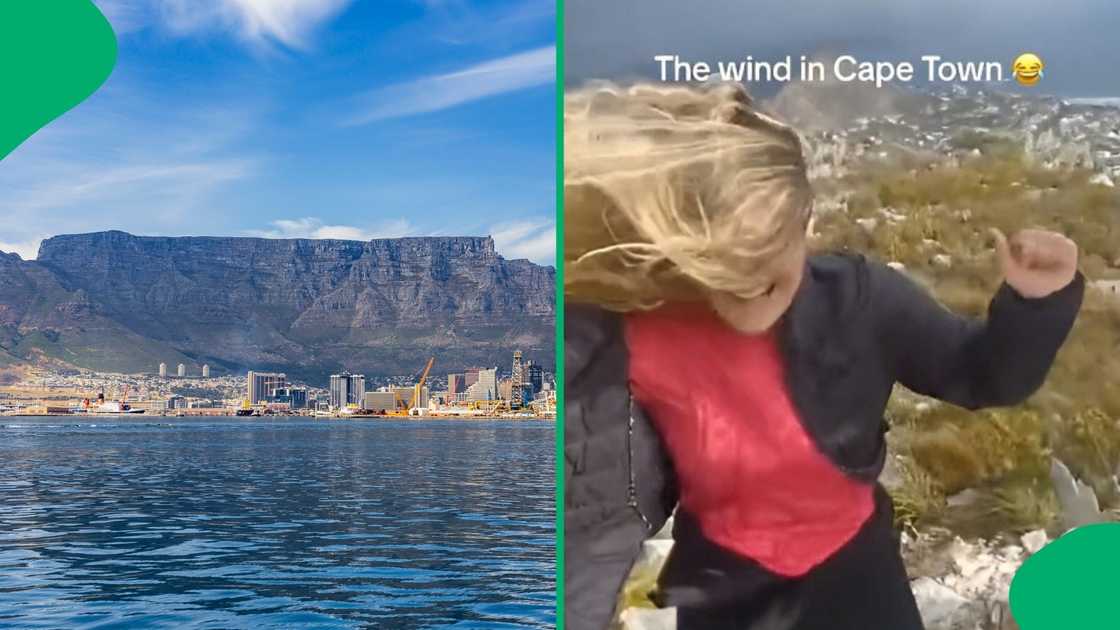 Women standing on Table Mountain showed how windy it was in Cape Town. Women standing on Table Mountain showed how windy it was in Cape Town.
