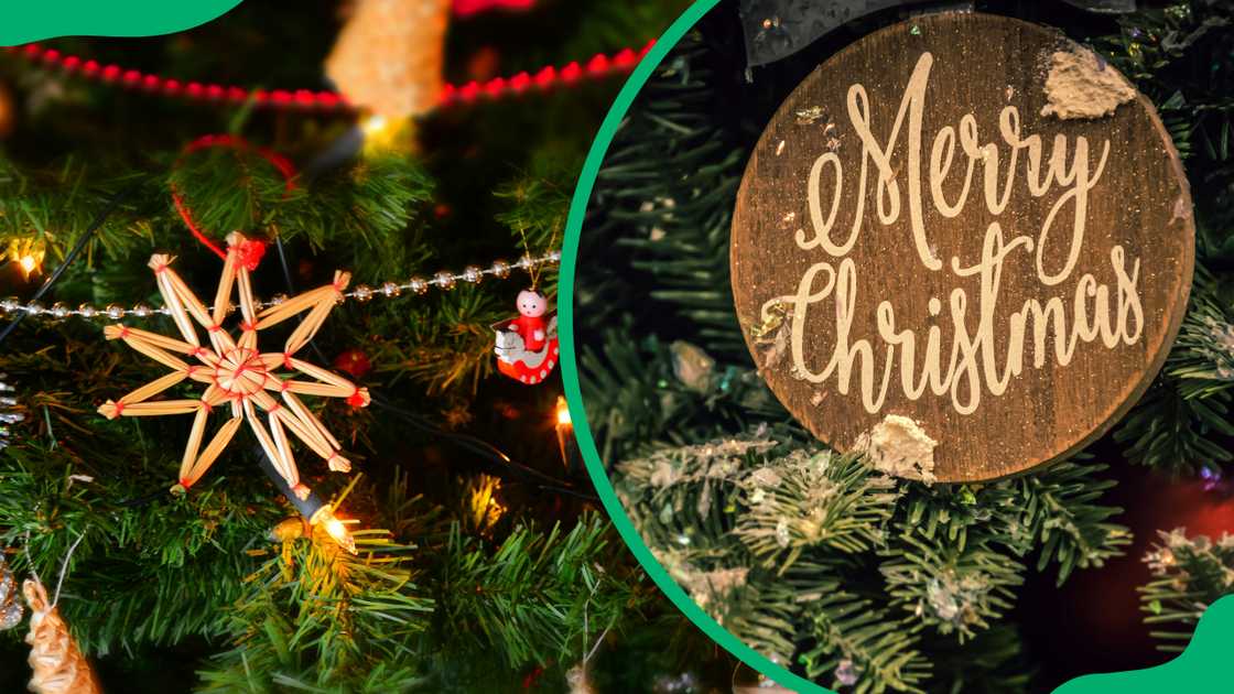 Close-up of Christmas Decoration Hanging on Tree (L). Merry Christmas Sign (R)