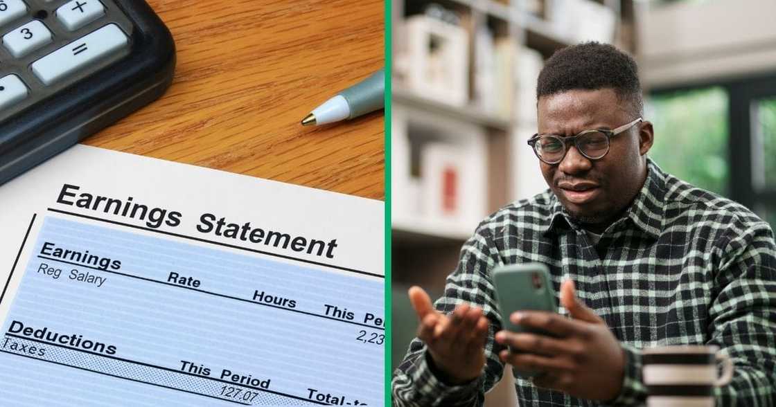 Collage image of an earnings statement and a man looking at his phone