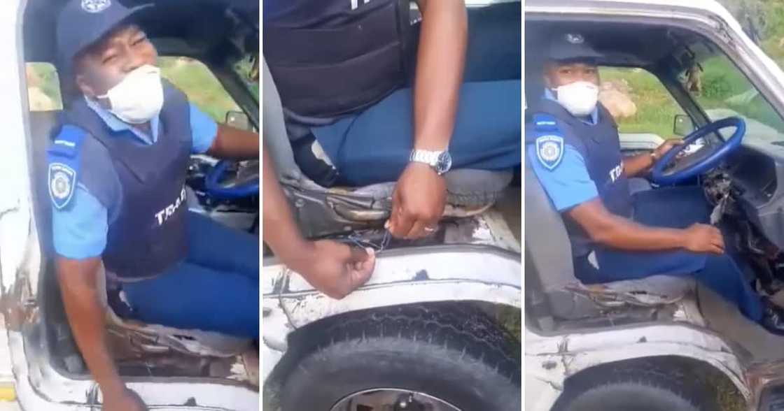 Traffic police officer starting a taxi using wires and laughing