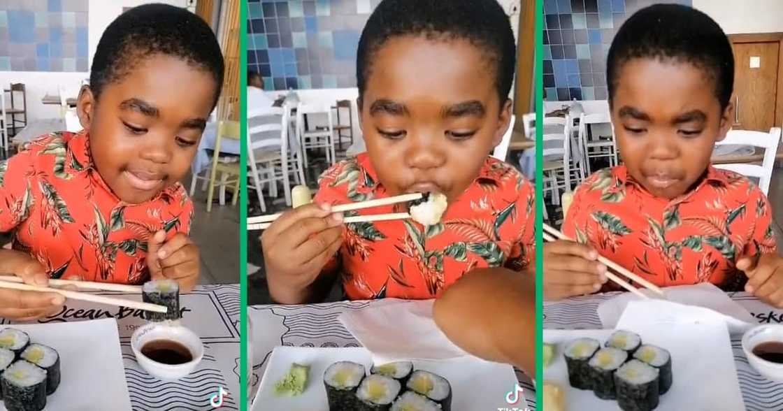 A boy ate sushi for the first time