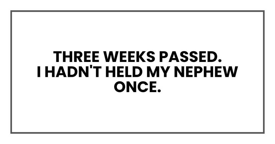 Three weeks passed.
I hadn't held my nephew once. Three weeks passed.
I hadn't held my nephew once.