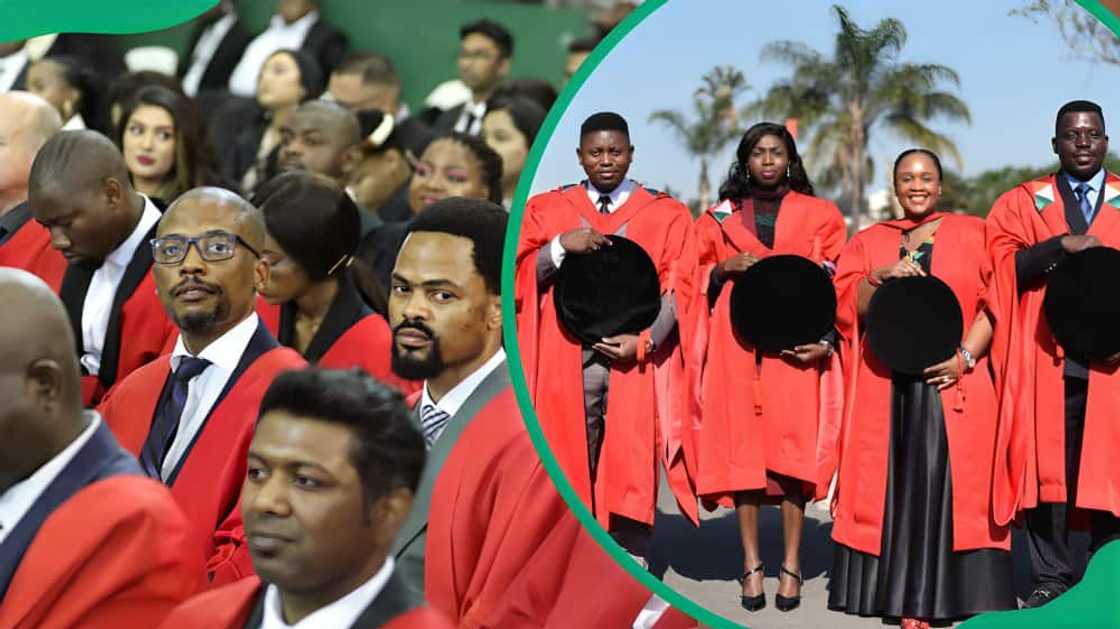 A group of UKZN graduates in red academic dresses A group of UKZN graduates in red academic dresses