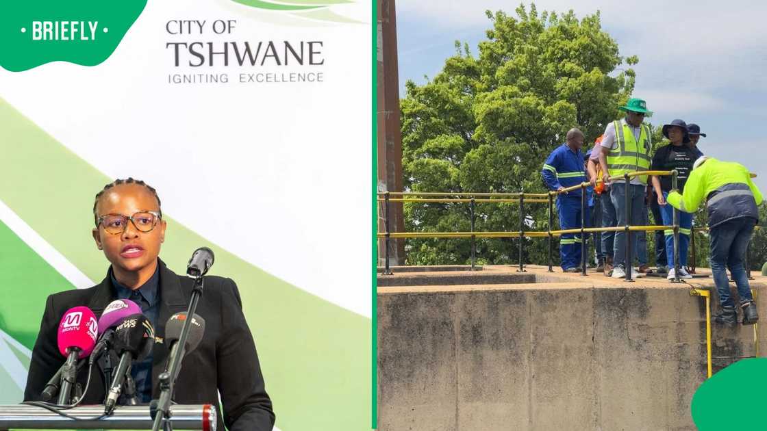 A picture of Nasiphi Moya, Tshwane mayor delivering a speech and another picture of her visiting a water plant A picture of Nasiphi Moya, Tshwane mayor delivering a speech and another picture of her visiting a water plant