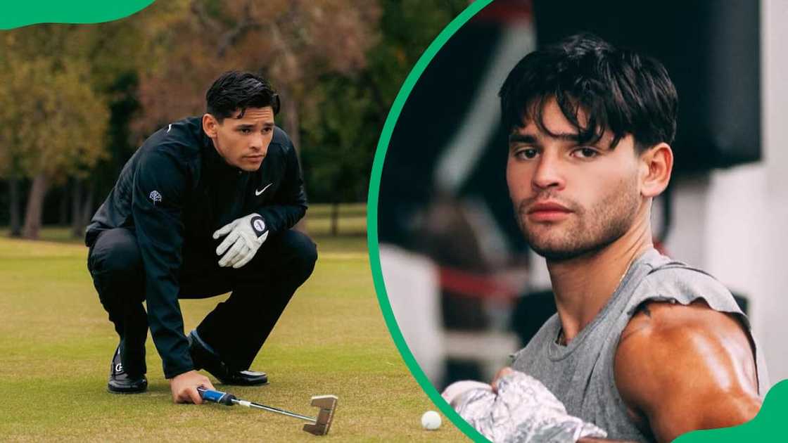 Ryan Garcia holding a putter near a golf ball (L). The professional boxer in a grey sleeveless attire (R) Ryan Garcia holding a putter near a golf ball (L). The professional boxer in a grey sleeveless attire (R)
