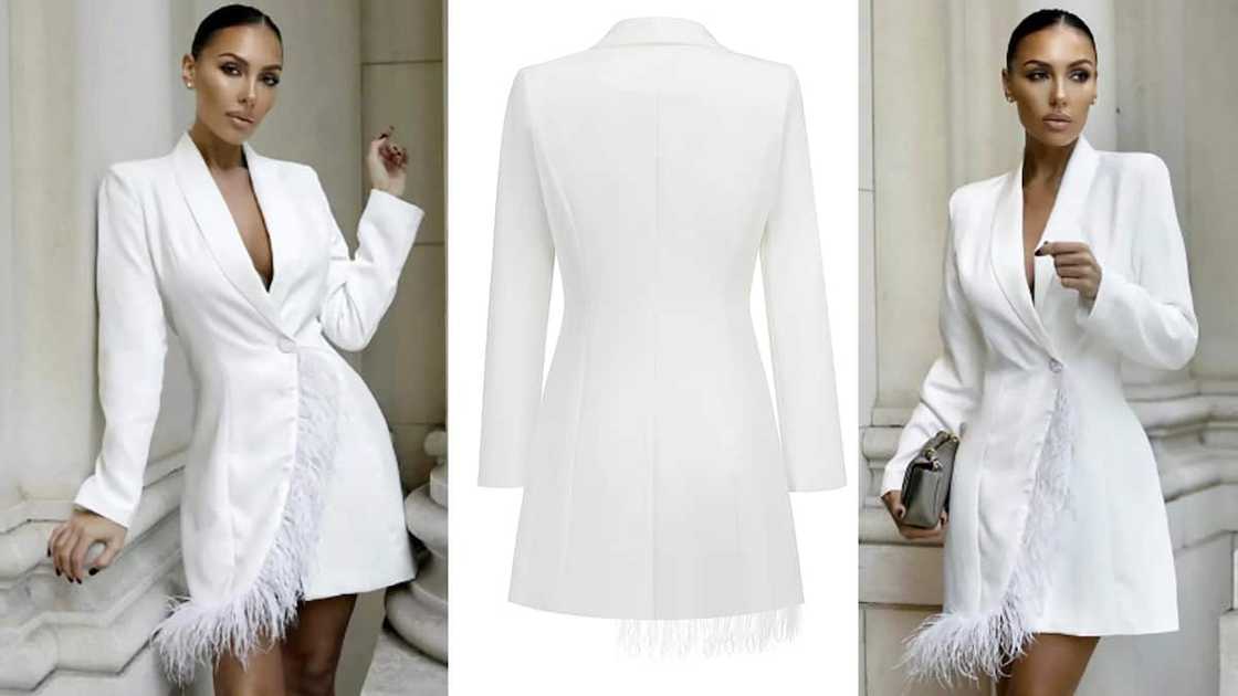 Mini wrap blazer dress with padded shoulders and faux trim Mini wrap blazer dress with padded shoulders and faux trim