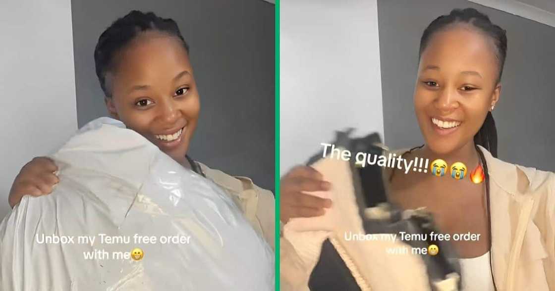 Happy woman gets free Temu items Happy woman gets free Temu items