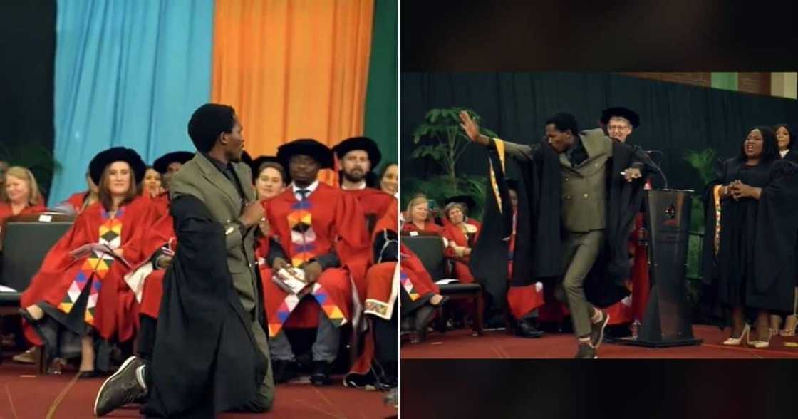 UKZN gaduate does Zulu dance and went across stage on his knees UKZN gaduate does Zulu dance and went across stage on his knees