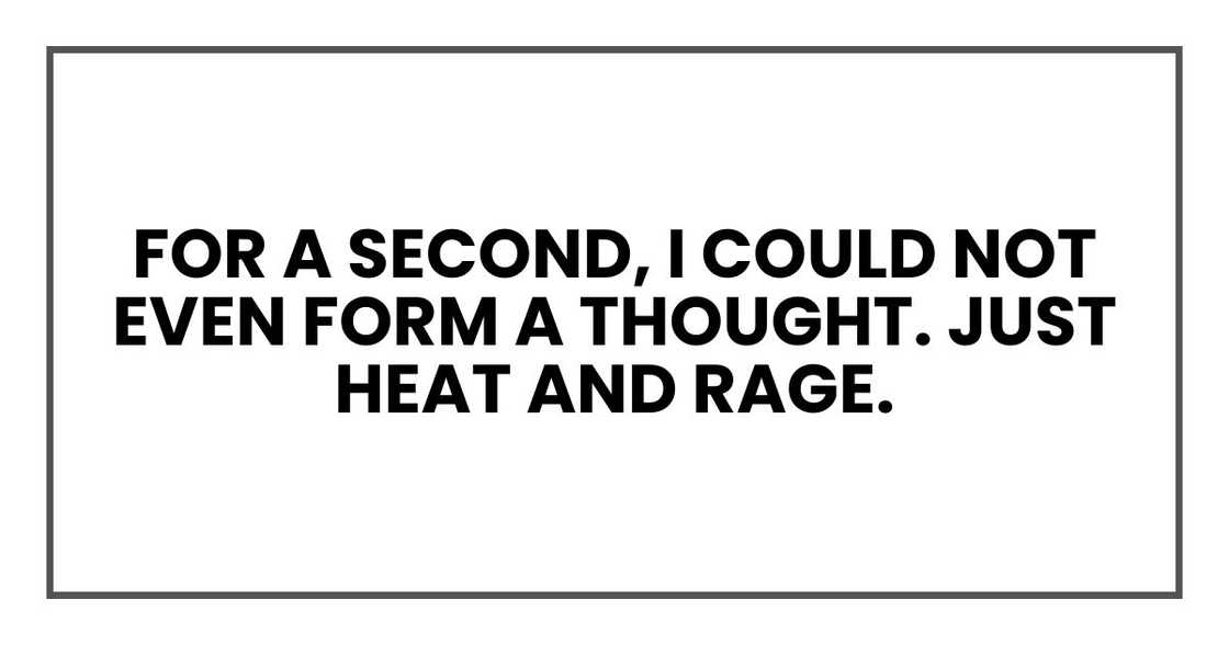 For a second, I could not even form a thought. Just heat and rage. For a second, I could not even form a thought. Just heat and rage.