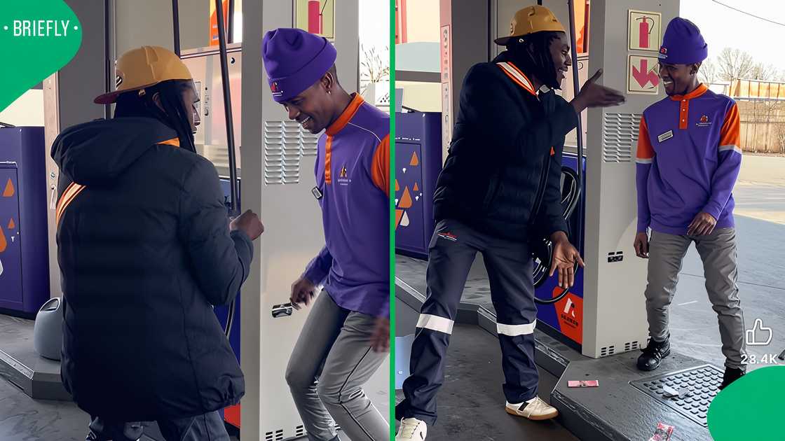 A customer made it rain on a petrol attendant as they danced together.