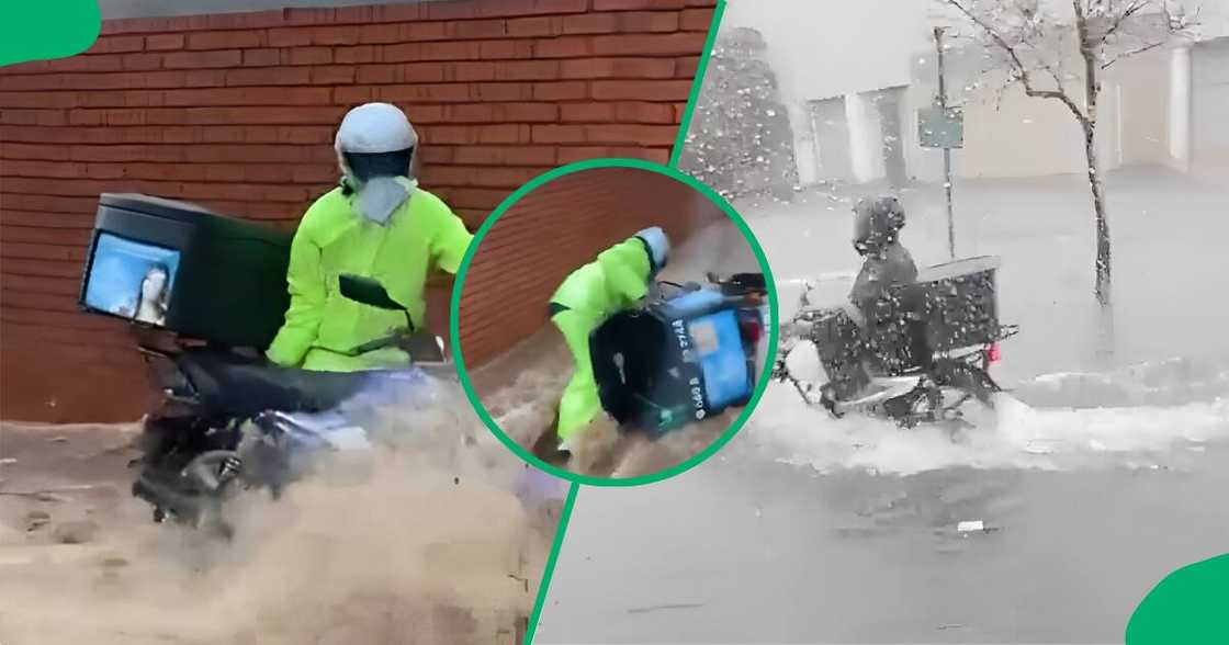 Delivery Motorcyclists attempt to drive in floods. Delivery Motorcyclists attempt to drive in floods.