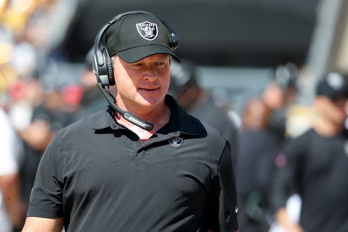 Jon Gruden of the Las Vegas Raiders looks on in the game against the Pittsburgh Steelers