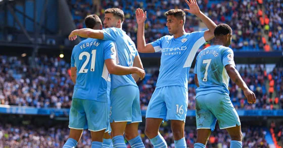 Ferran Torres of Man City celebrates after scoring his team's fourth goal during their EPL clash against Arsenal at Etihad Stadium on August 28, 2021 in Manchester, England. (Photo by Matt McNulty - Manchester City/Manchester City FC via Getty Images)