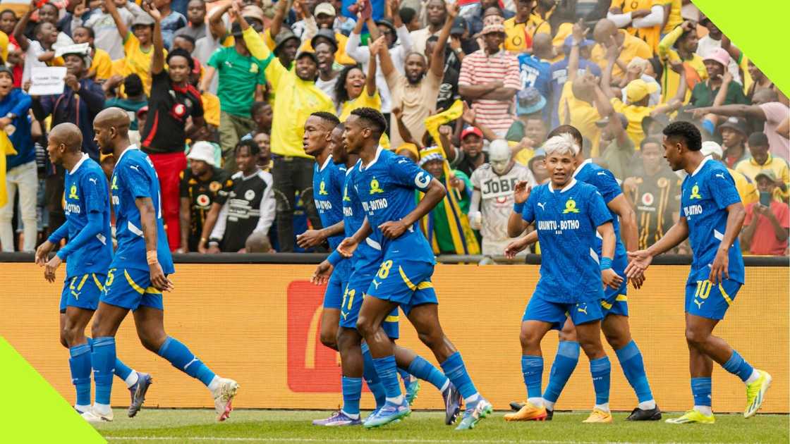 Mamelodi Sundowns celebrate one of their goals during the Premier Soccer League clash with Kaizer Chiefs at the FNB Stadium. Photo: @Masandawana. Mamelodi Sundowns celebrate one of their goals during the Premier Soccer League clash with Kaizer Chiefs at the FNB Stadium. Photo: @Masandawana.
