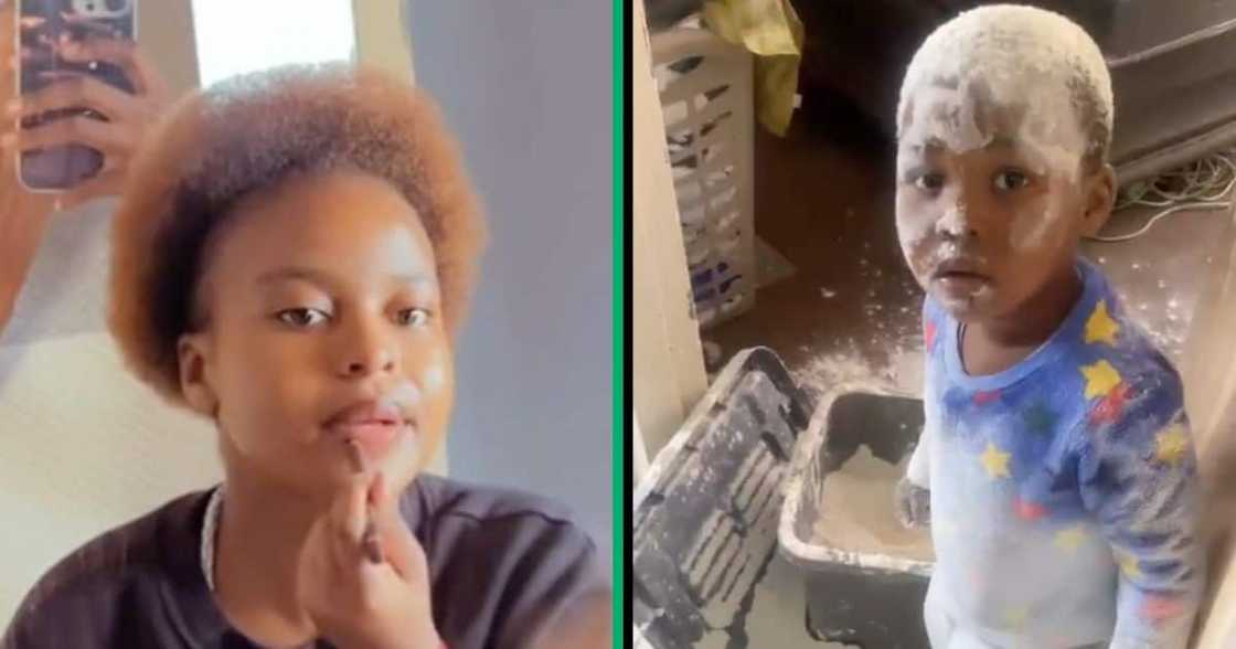 A woman scolded her kid for being covered in flour A woman scolded her kid for being covered in flour