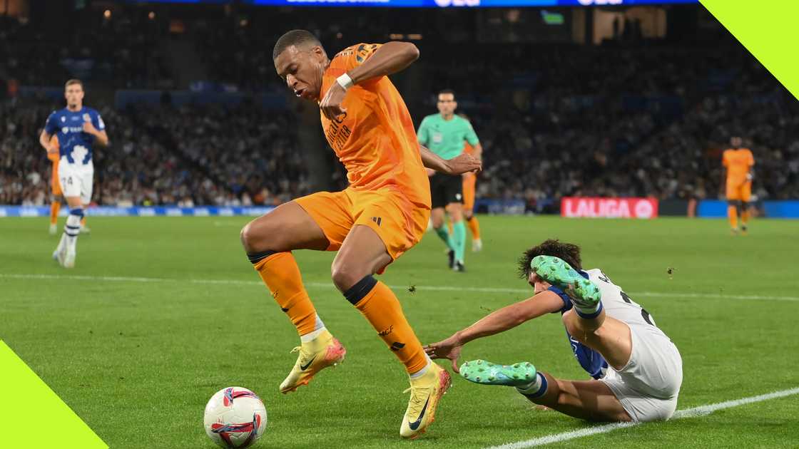 Kylian Mbappe dribbled past his marker during Real Madrid's win against Real Sociedad. Kylian Mbappe dribbled past his marker during Real Madrid's win against Real Sociedad.