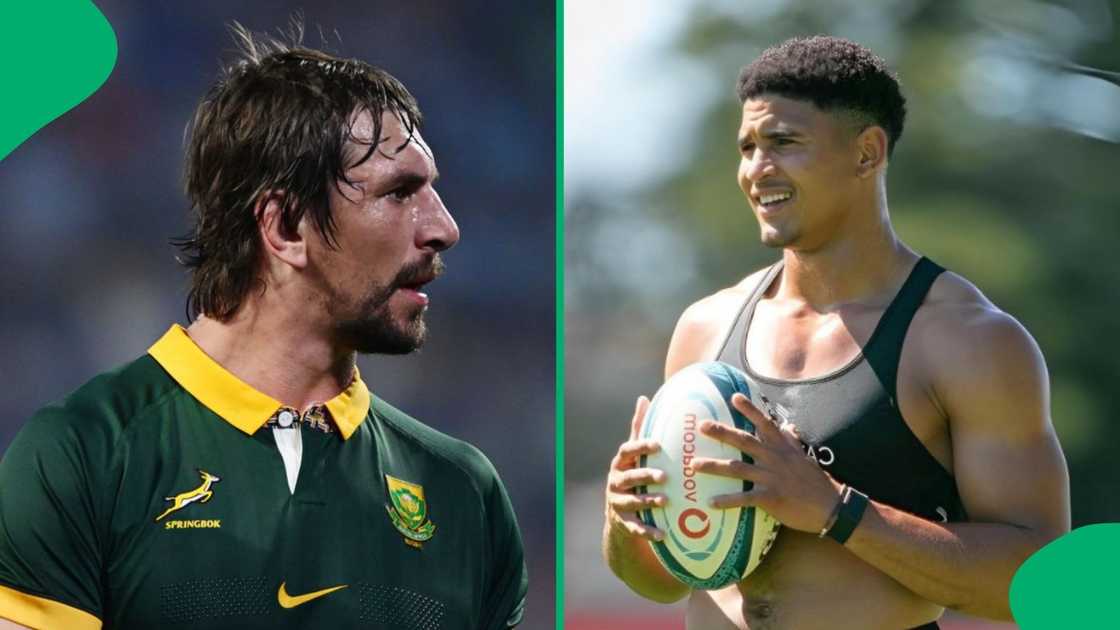 Springbok players Eben Etzebeth and Sacha Feinberg-Mngomezulu are in action on the rugby field.