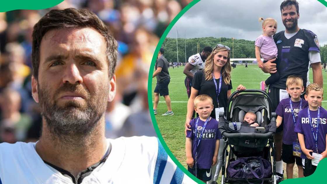 Joe Flacco at the Lambeau Field in 2024 (L). The athlete's family rocking Baltimore Ravens branded apparel (R) Joe Flacco at the Lambeau Field in 2024 (L). The athlete's family rocking Baltimore Ravens branded apparel (R)