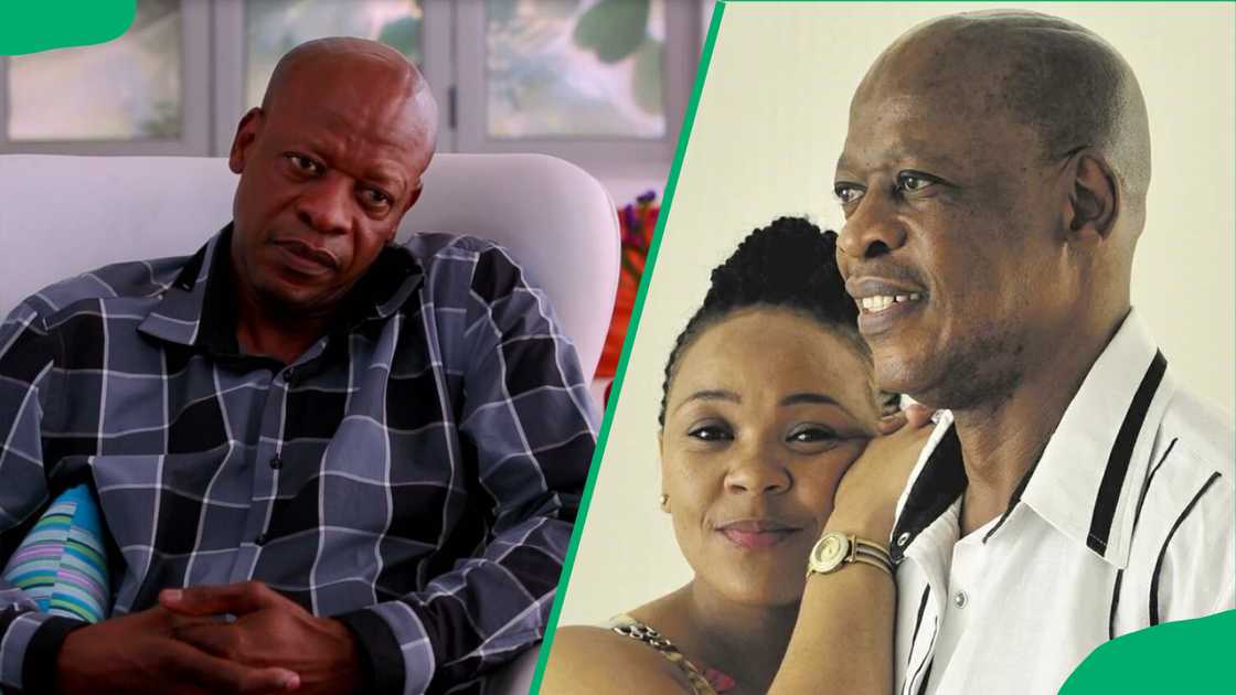 Mzwakhe seated alone and posing for the camera with his wife, Zuki