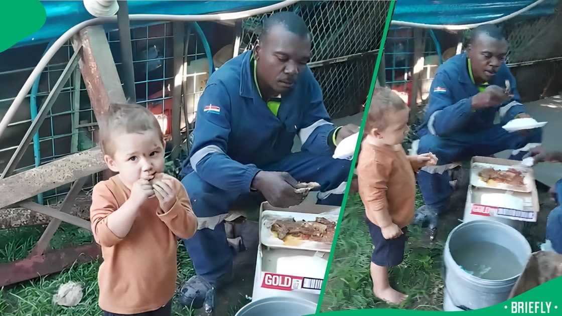 He ate pap and meat with his hands, enjoying every bite of the men's lunch He ate pap and meat with his hands, enjoying every bite of the men's lunch