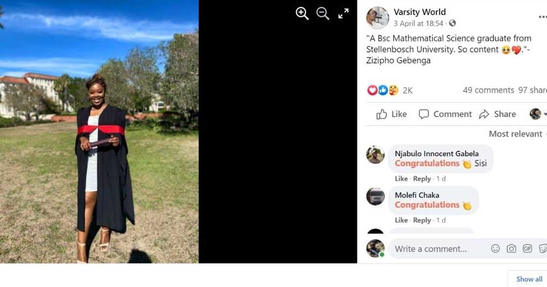 Zizipho Gebenga has recently bagged a Bachelor of Science in Maths. Image: Facebook Zizipho Gebenga has recently bagged a Bachelor of Science in Maths. Image: Facebook