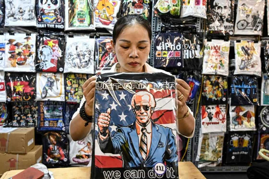 A souvenir shop in Hanoi stocks T-shirts for US President Joe Biden's visit