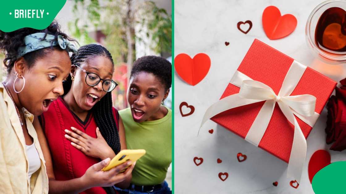 A group of women staring at a phone in shock. A group of women staring at a phone in shock.