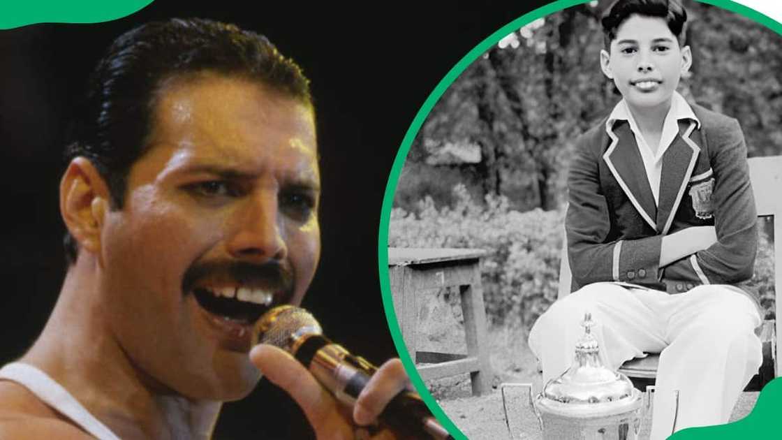 Freddie Mercury during Live Aid at Wembley Stadium (L). The singer as a young boy (R) Freddie Mercury during Live Aid at Wembley Stadium (L). The singer as a young boy (R)